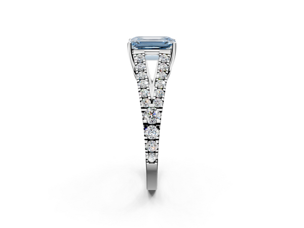 White gold Fancy Blue Emerald  Cut Split Shank Pave Diamond Engagement Ring with Four-Prong Setting
