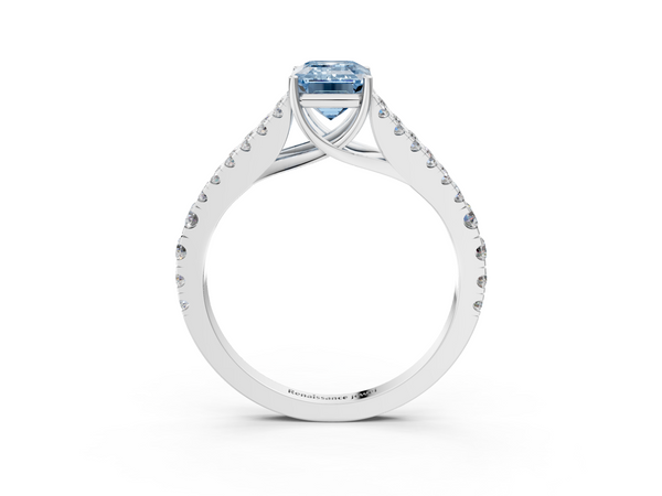 White gold Fancy Blue Emerald  Cut Split Shank Pave Diamond Engagement Ring with Four-Prong Setting