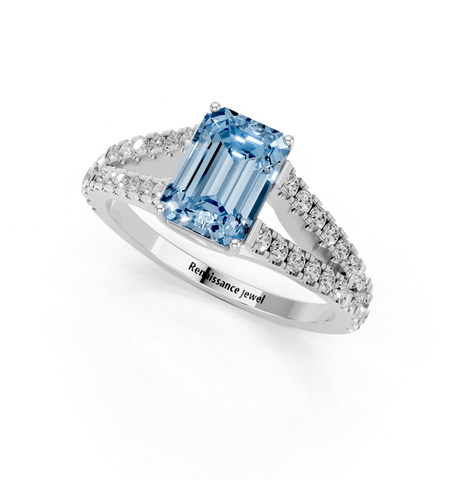 White gold Fancy Blue Emerald  Cut Split Shank Pave Engagement Ring with Four-Prong Setting_3
