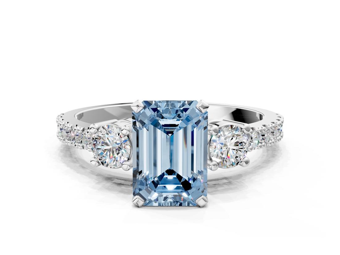 White gold Fancy Blue Emerald  Cut Three-Stone Diamond Pavé Band with Prong Setting_17