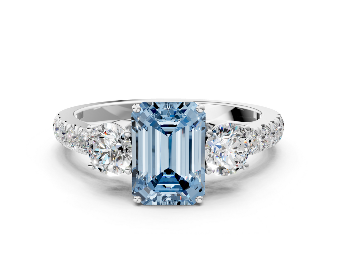 White gold Fancy Blue Emerald  Cut Three-Stone Diamond Pave Band with Prong Setting_37