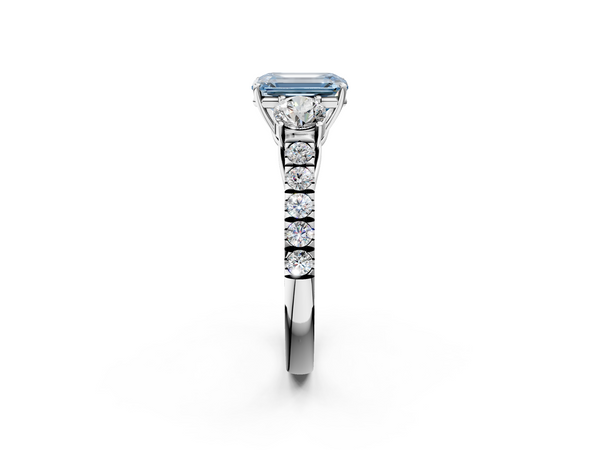 Platinum Fancy Blue Emerald  Cut Diamond Three-Stone Ring with Round Side Stones and Pavé Band