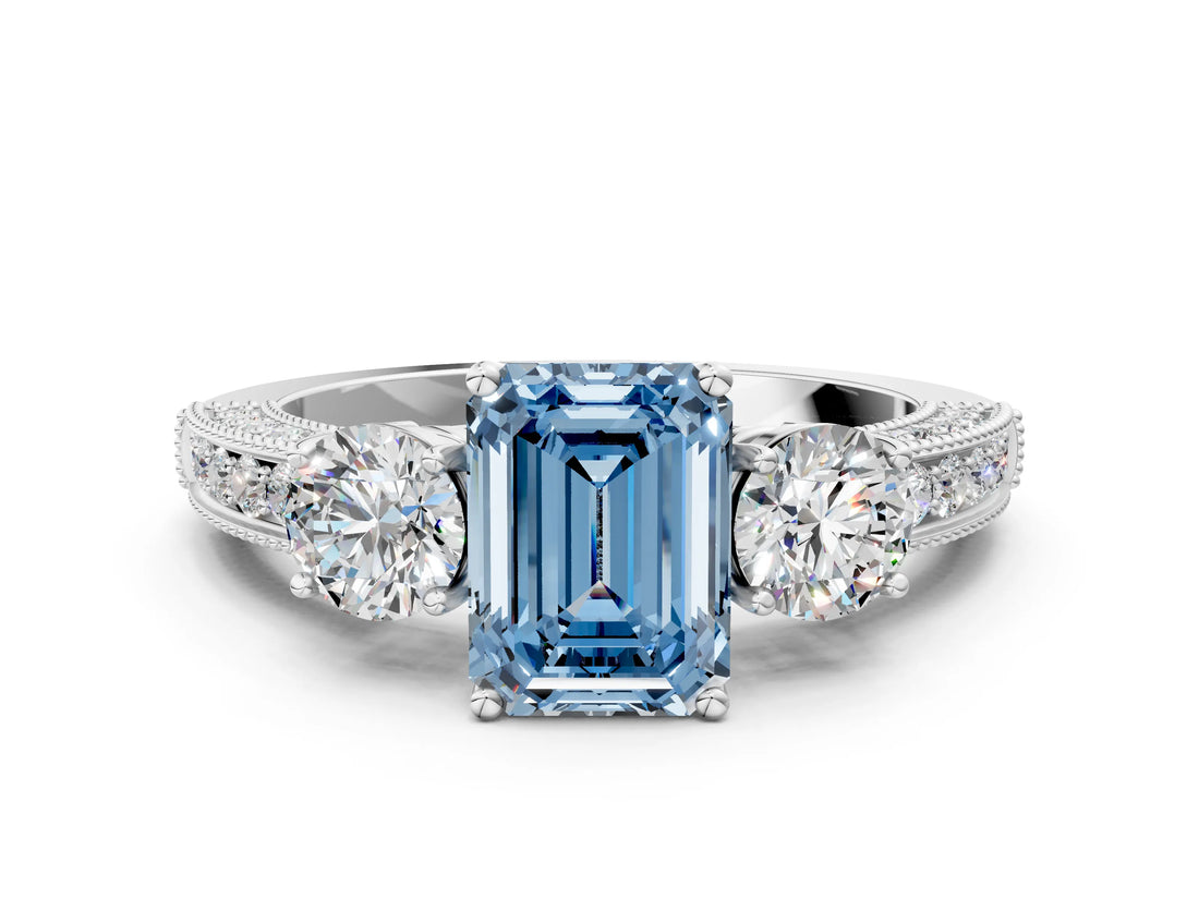 White gold Fancy Blue Emerald Cut Three-Stone Diamond Ring with Pavé Band and Four-Prong Setting_12