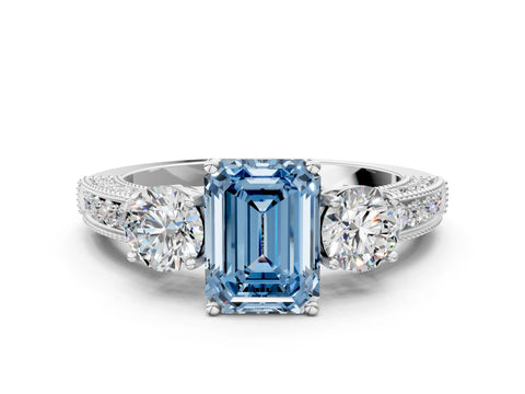 White gold Fancy Blue Emerald Cut Three-Stone Diamond Ring with Pavé Band and Four-Prong Setting_12