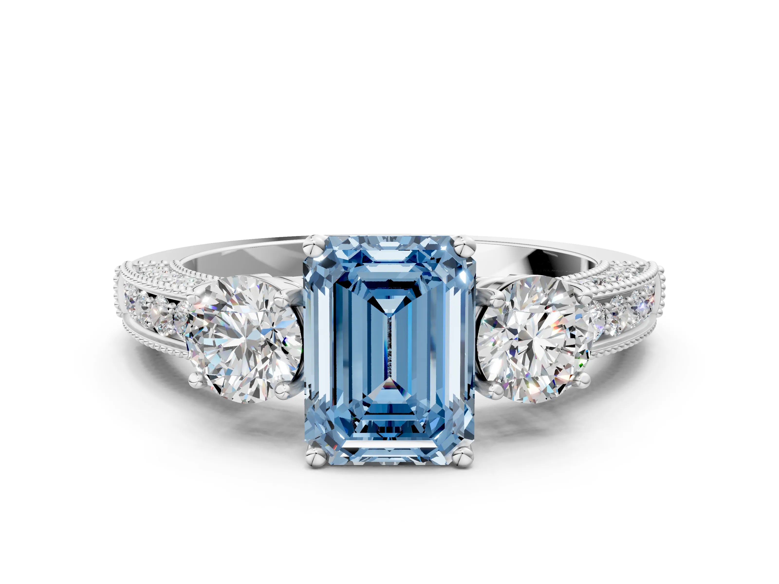 White gold Fancy Blue Emerald Cut Three-Stone Diamond Ring with Pavé Band and Four-Prong Setting_12