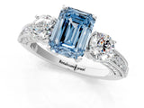White gold Fancy Blue Emerald Cut Three-Stone Diamond Ring with Pavé Band and Four-Prong Setting_13