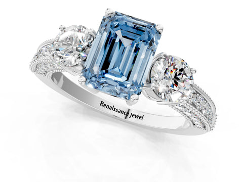 White gold Fancy Blue Emerald Cut Three-Stone Diamond Ring with Pavé Band and Four-Prong Setting_13
