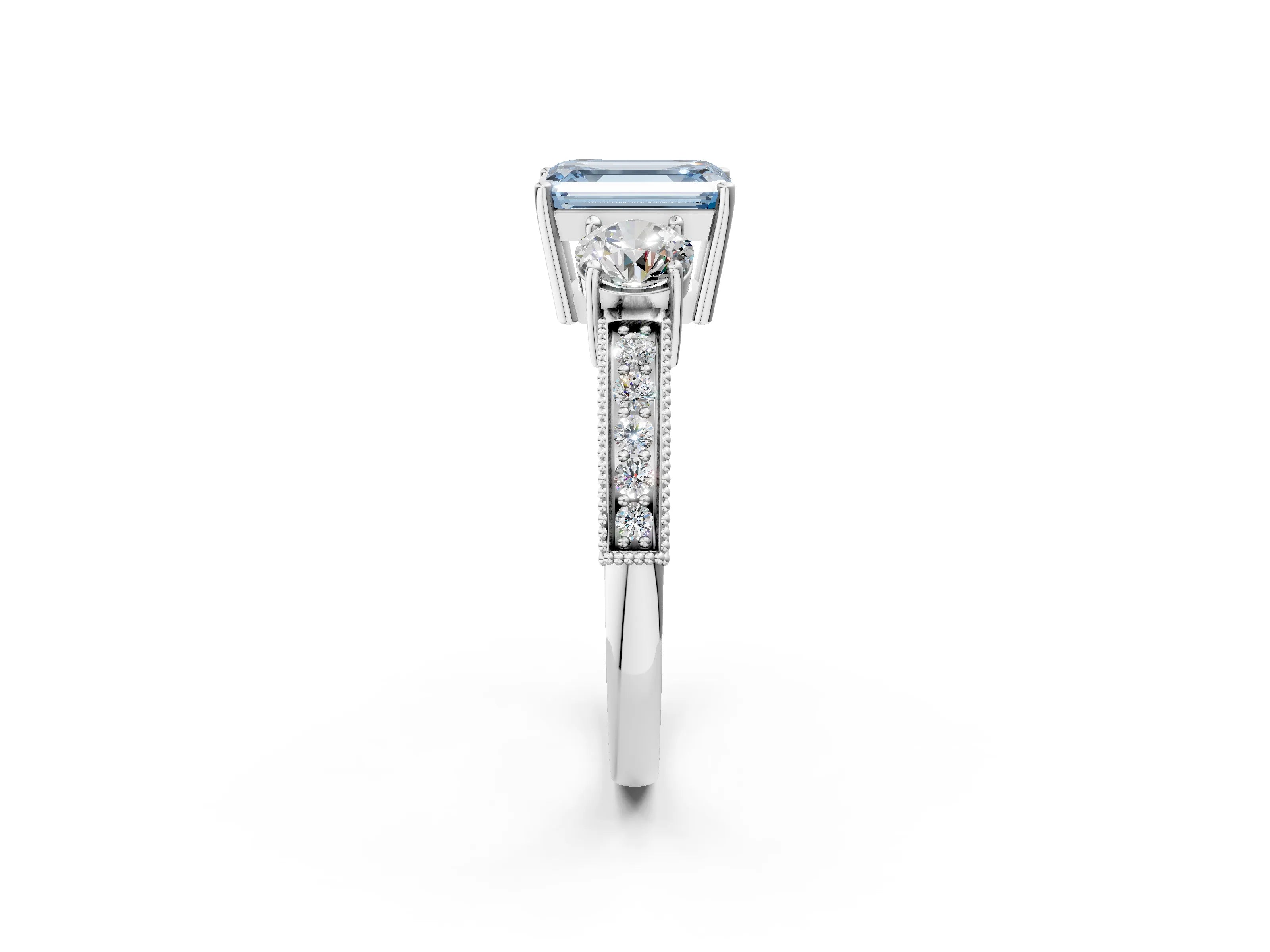 White gold Fancy Blue Emerald Cut Three-Stone Diamond Ring with Pavé Band and Four-Prong Setting_14