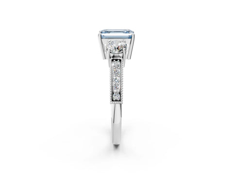 White gold Fancy Blue Emerald Cut Three-Stone Diamond Ring with Pavé Band and Four-Prong Setting_14