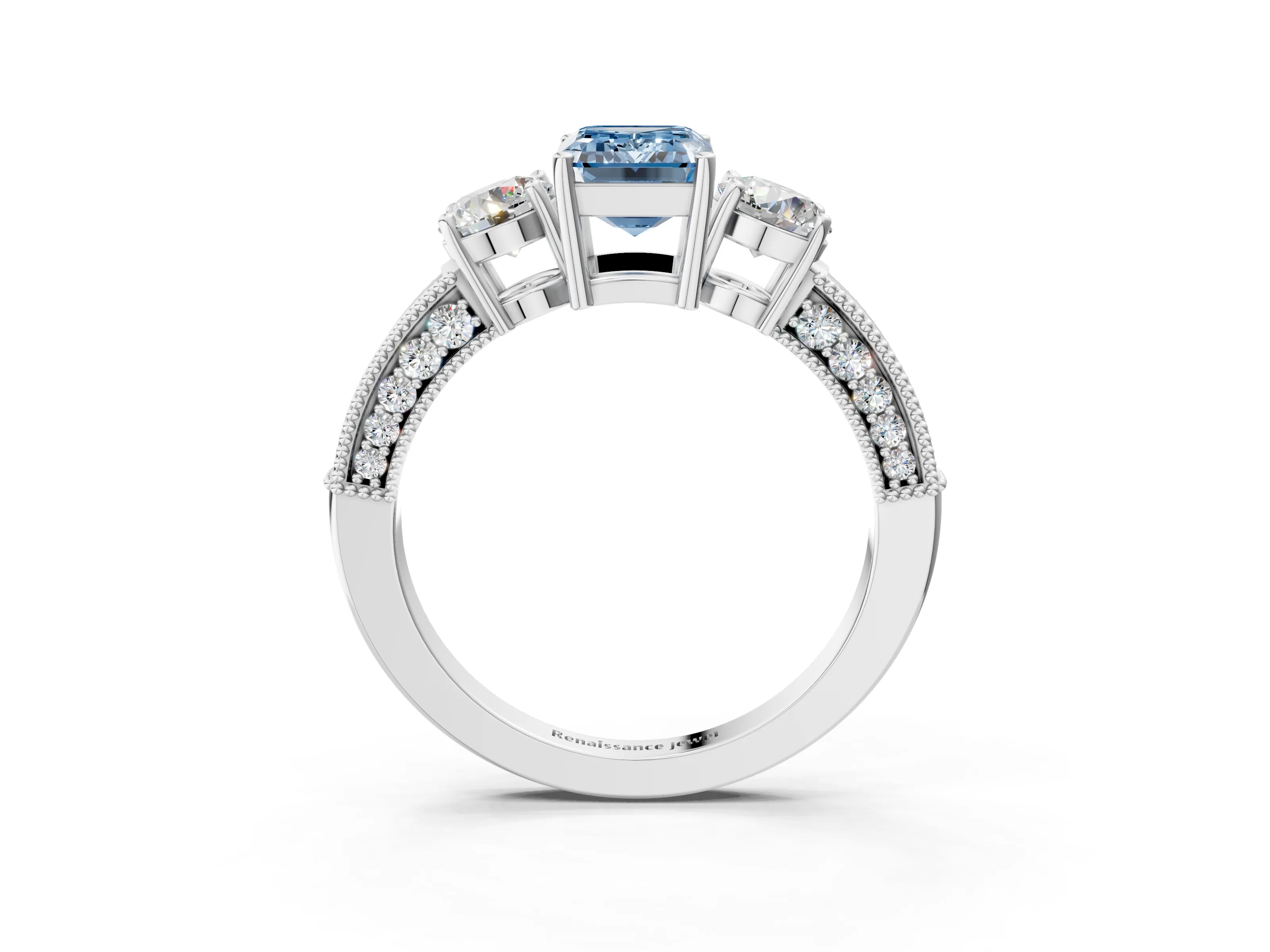 White gold Fancy Blue Emerald Cut Three-Stone Diamond Ring with Pavé Band and Four-Prong Setting_15
