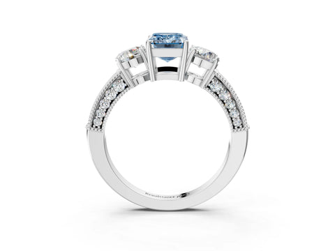 White gold Fancy Blue Emerald Cut Three-Stone Diamond Ring with Pavé Band and Four-Prong Setting_15