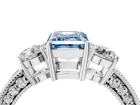 White gold Fancy Blue Emerald Cut Three-Stone Diamond Ring with Pavé Band and Four-Prong Setting_16