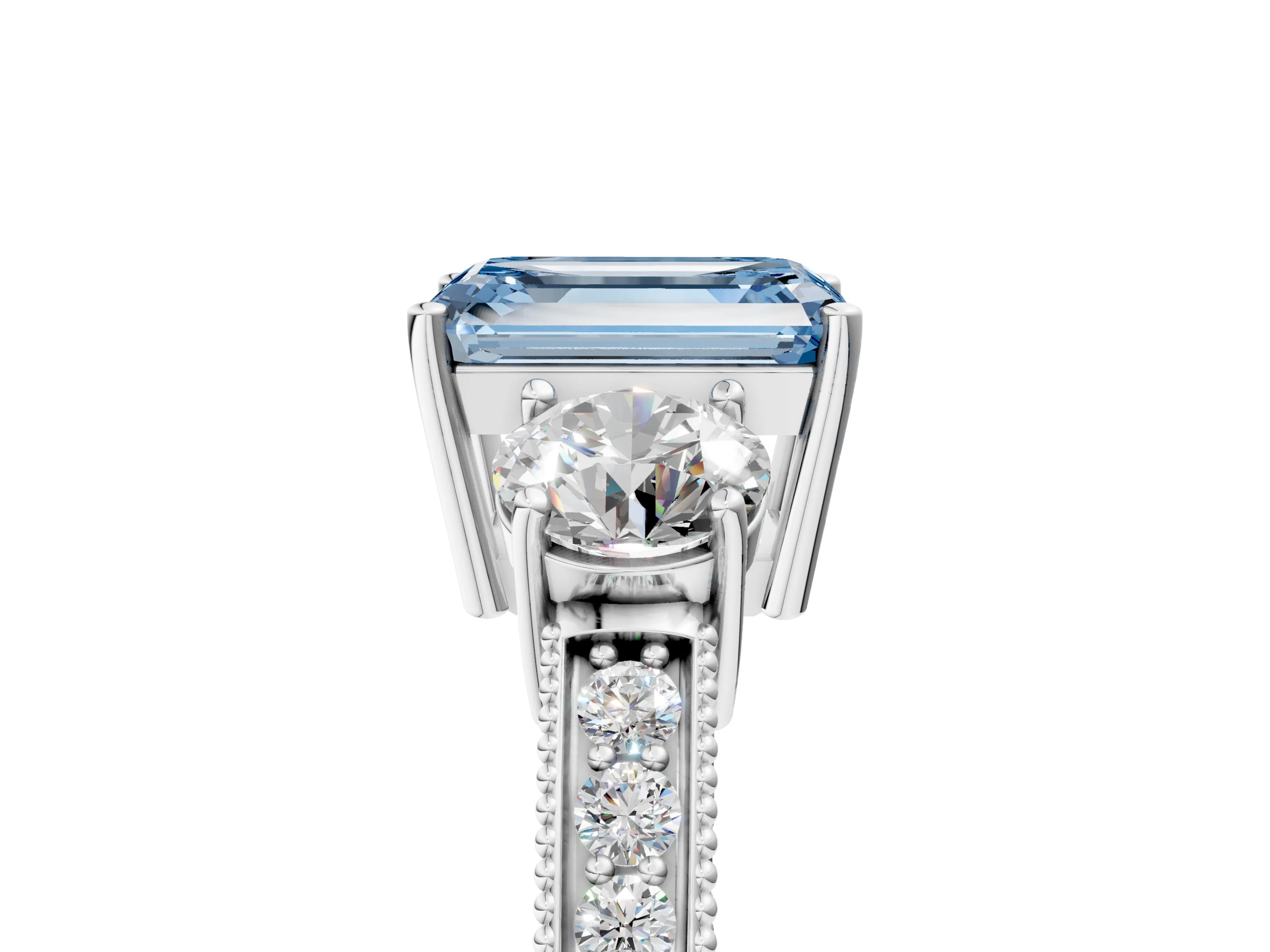 White gold Fancy Blue Emerald Cut Three-Stone Diamond Ring with Pavé Band and Four-Prong Setting_17
