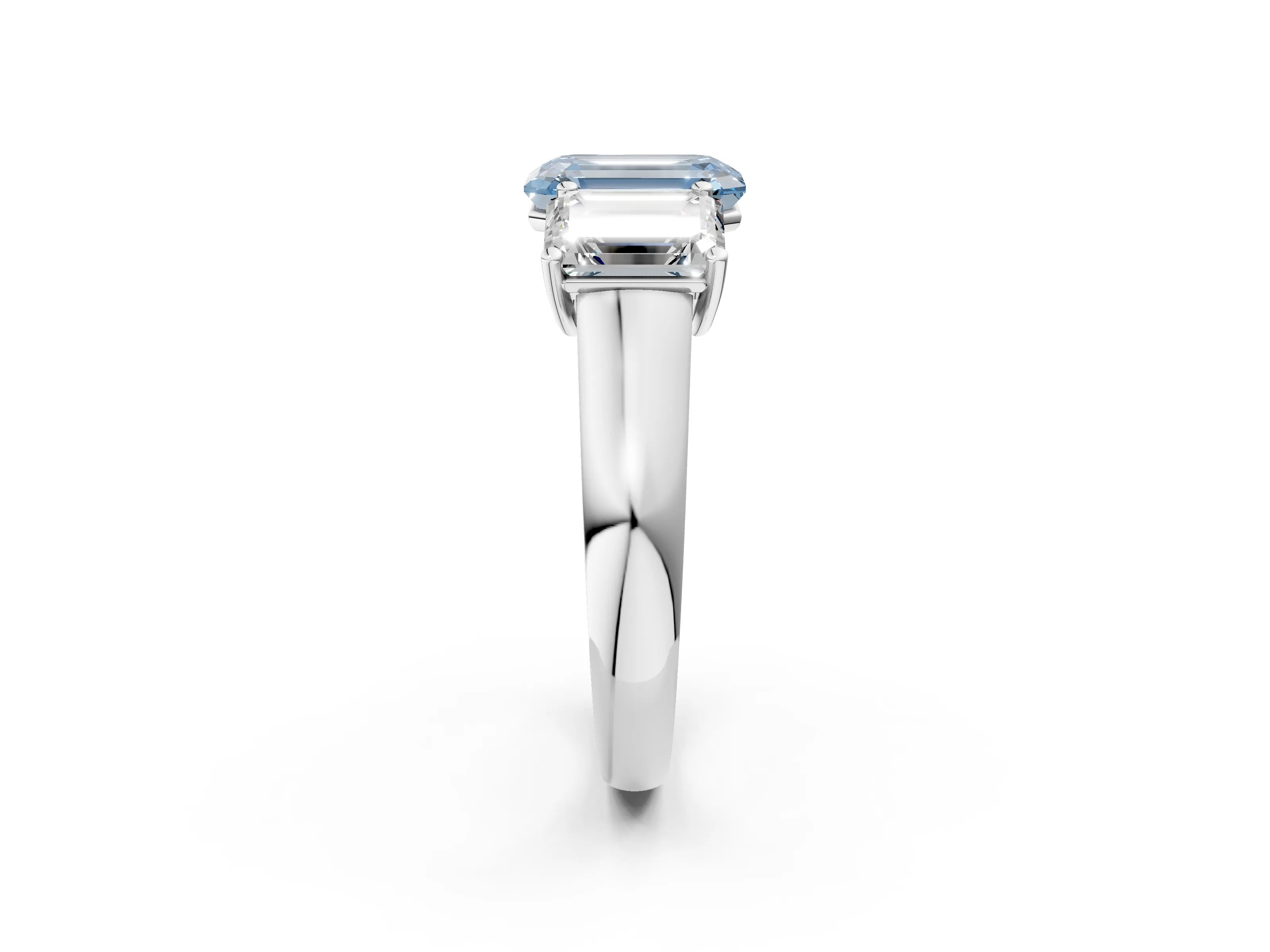 White gold Fancy Blue Emerald Cut Three-Stone Diamond Ring with Prong Setting on a Classic Band_2