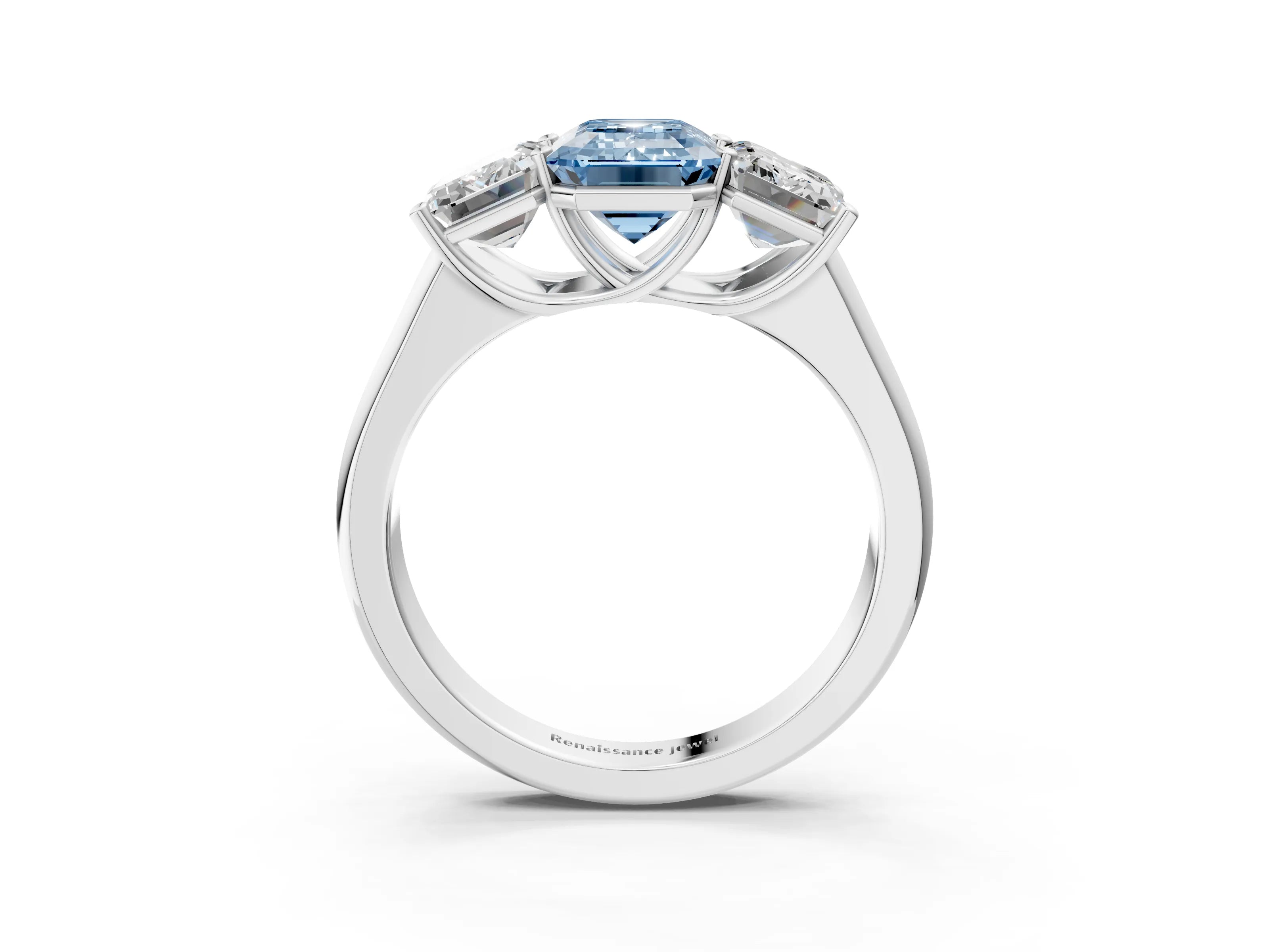 White gold Fancy Blue Emerald Cut Three-Stone Diamond Ring with Prong Setting on a Classic Band_3