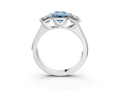 White gold Fancy Blue Emerald Cut Three-Stone Diamond Ring with Prong Setting on a Classic Band_3