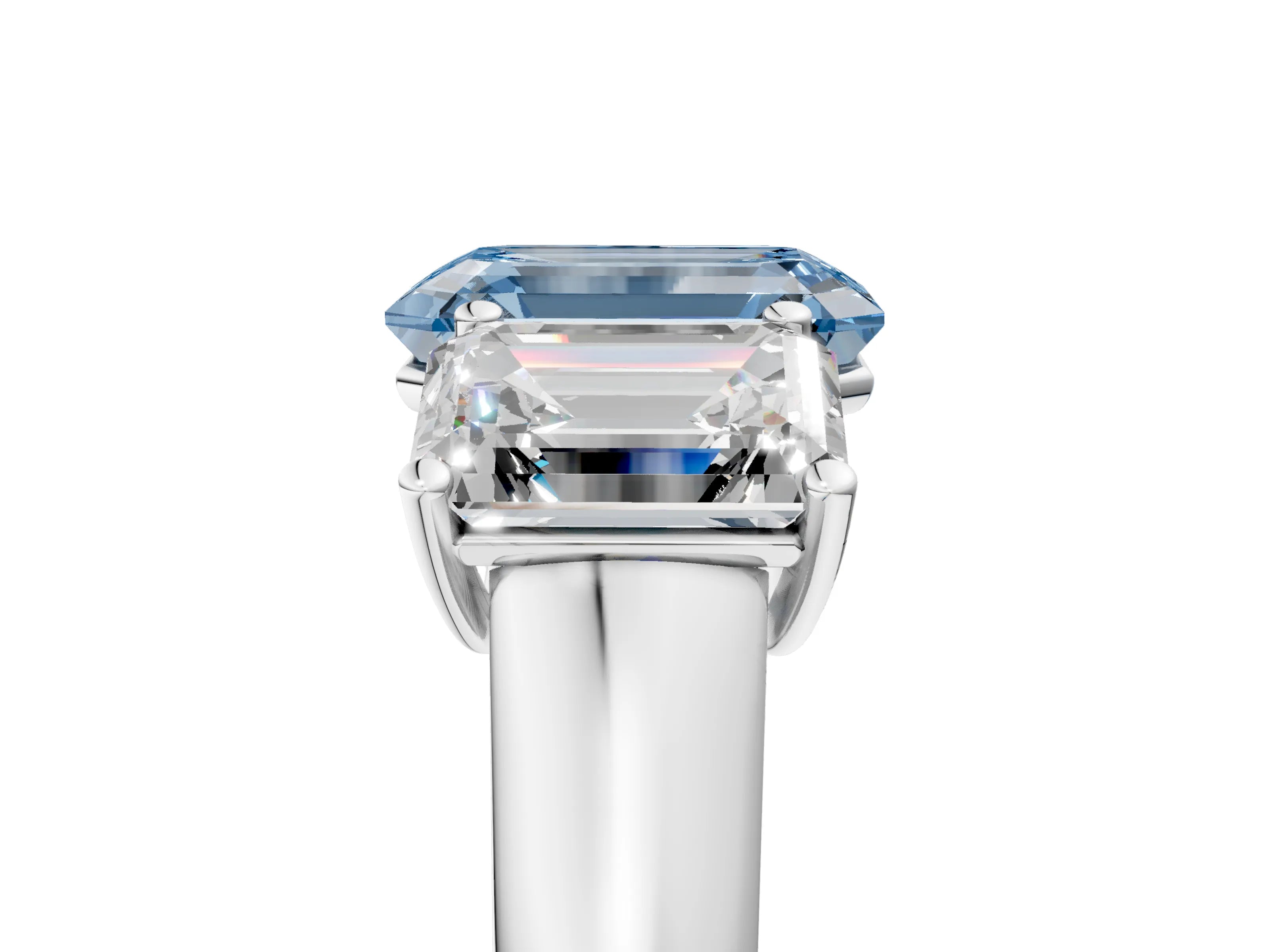 White gold Fancy Blue Emerald Cut Three-Stone Diamond Ring with Prong Setting on a Classic Band_5