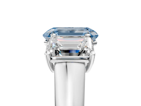 White gold Fancy Blue Emerald Cut Three-Stone Diamond Ring with Prong Setting on a Classic Band_5