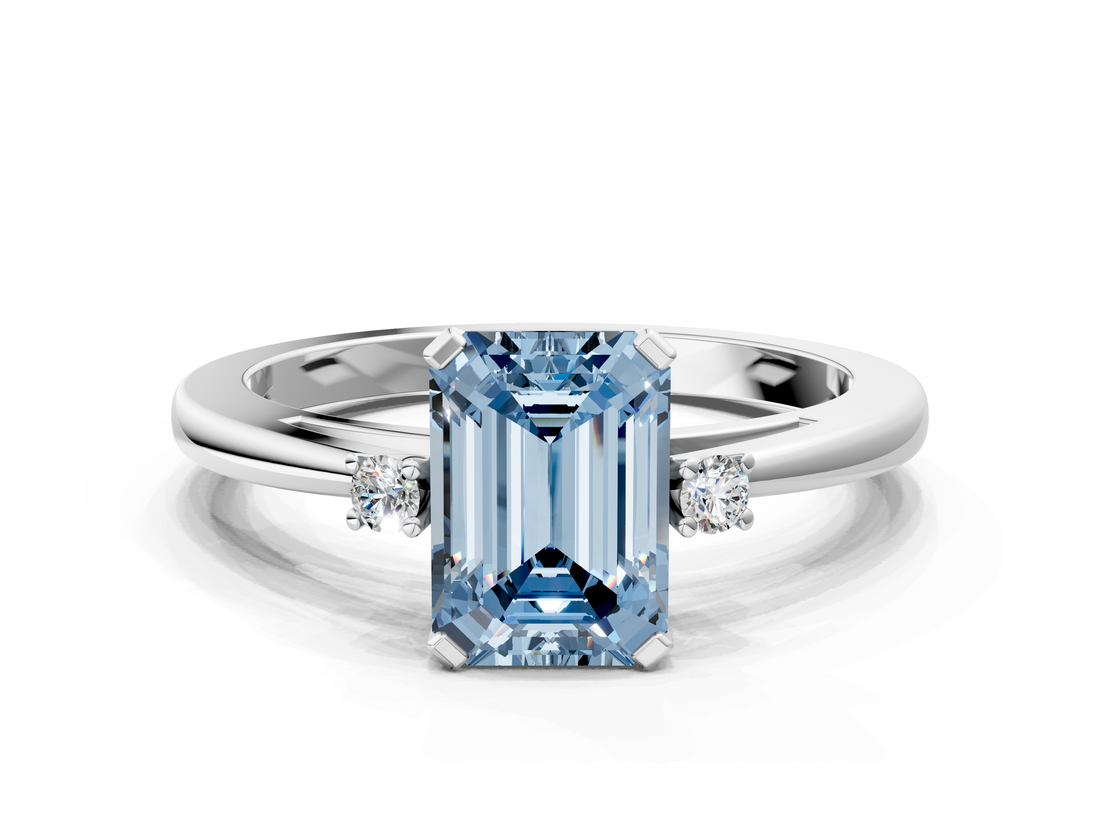 White gold Fancy Blue Emerald  Cut Three-Stone Solitaire Ring with Round Accent Diamonds and Four-Prong Setting_20