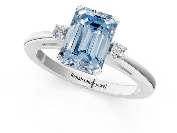 White gold Fancy Blue Emerald  Cut Three-Stone Solitaire Ring with Round Accent Diamonds and Four-Prong Setting
