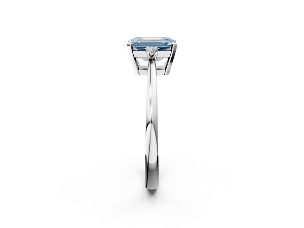 White gold Fancy Blue Emerald  Cut Three-Stone Solitaire Ring with Round Accent Diamonds and Four-Prong Setting