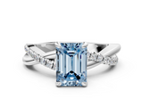 White gold Fancy Blue Emerald  Cut Twist Band Solitaire Diamond Ring with Pavé Setting_3