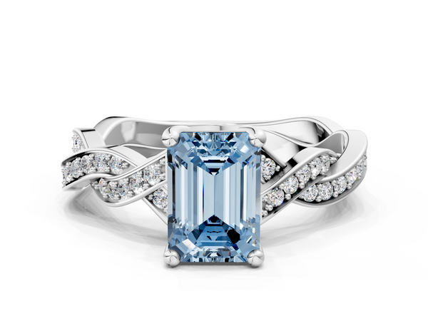 White gold Fancy Blue Emerald  Cut Twisted Pavé Band Solitaire Ring with Four-Prong Setting