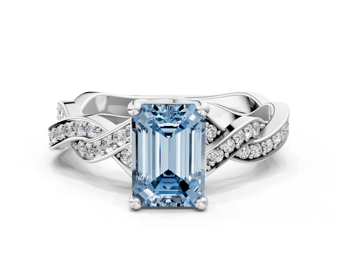 White gold Fancy Blue Emerald  Cut Twisted Pavé Band Solitaire Ring with Four-Prong Setting_55
