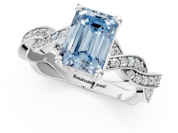 White gold Fancy Blue Emerald  Cut Twisted Pavé Band Solitaire Ring with Four-Prong Setting