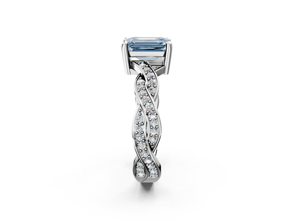 White gold Fancy Blue Emerald  Cut Twisted Pavé Band Solitaire Ring with Four-Prong Setting