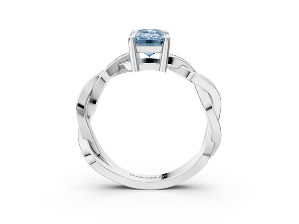 White gold Fancy Blue Emerald  Cut Twisted Pavé Band Solitaire Ring with Four-Prong Setting