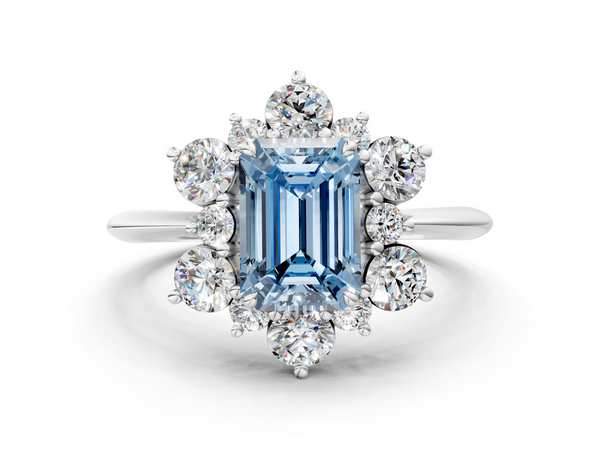 Platinum Fancy Blue Emerald  Diamond Cluster Halo Ring with Solitaire Band and Four-Prong Setting