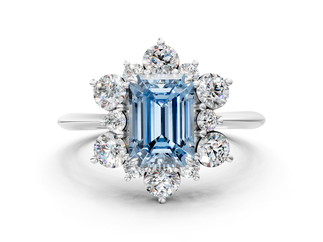 White gold Fancy Blue Emerald  Diamond Cluster Halo Ring with Solitaire Band and Four-Prong Setting_20