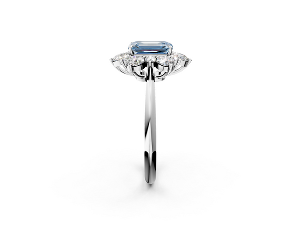 Platinum Fancy Blue Emerald  Diamond Cluster Halo Ring with Solitaire Band and Four-Prong Setting