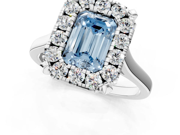 Platinum Fancy Blue Emerald  Diamond Cluster Halo Solitaire with Four-Prong Setting