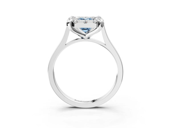 Platinum Fancy Blue Emerald  Diamond Cluster Halo Solitaire with Four-Prong Setting