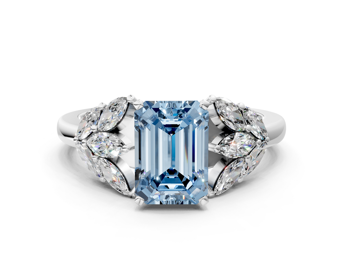 White gold Fancy Blue Emerald  Diamond Cluster Leaf Design Ring with Prong Setting_52
