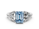 White gold Fancy Blue Emerald  Diamond Cluster Leaf Design Ring with Prong Setting_54