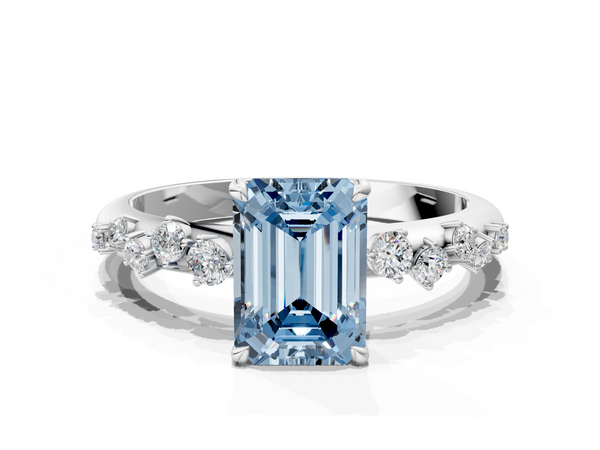White gold Fancy Blue Emerald  Diamond Cluster Prong-Set Solitaire Ring