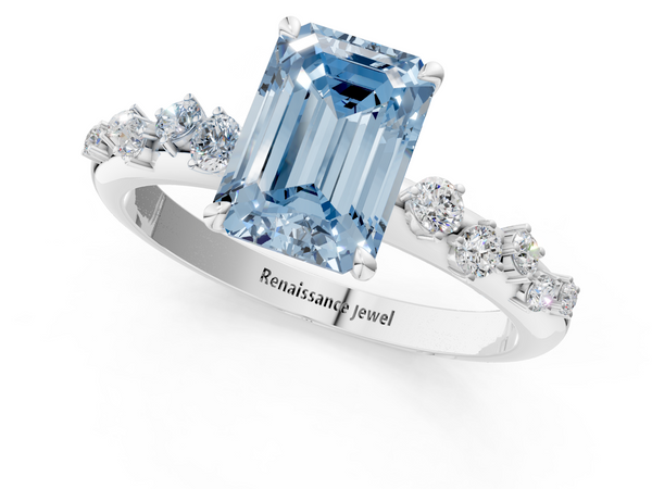 White gold Fancy Blue Emerald  Diamond Cluster Prong-Set Solitaire Ring