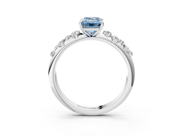 White gold Fancy Blue Emerald  Diamond Cluster Prong-Set Solitaire Ring