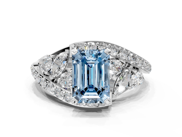 Platinum Fancy Blue Emerald  Diamond Halo Ring with Marquise and Pavé Band in Prong Setting