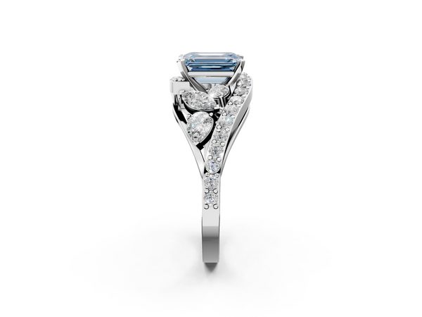 Platinum Fancy Blue Emerald  Diamond Halo Ring with Marquise and Pavé Band in Prong Setting