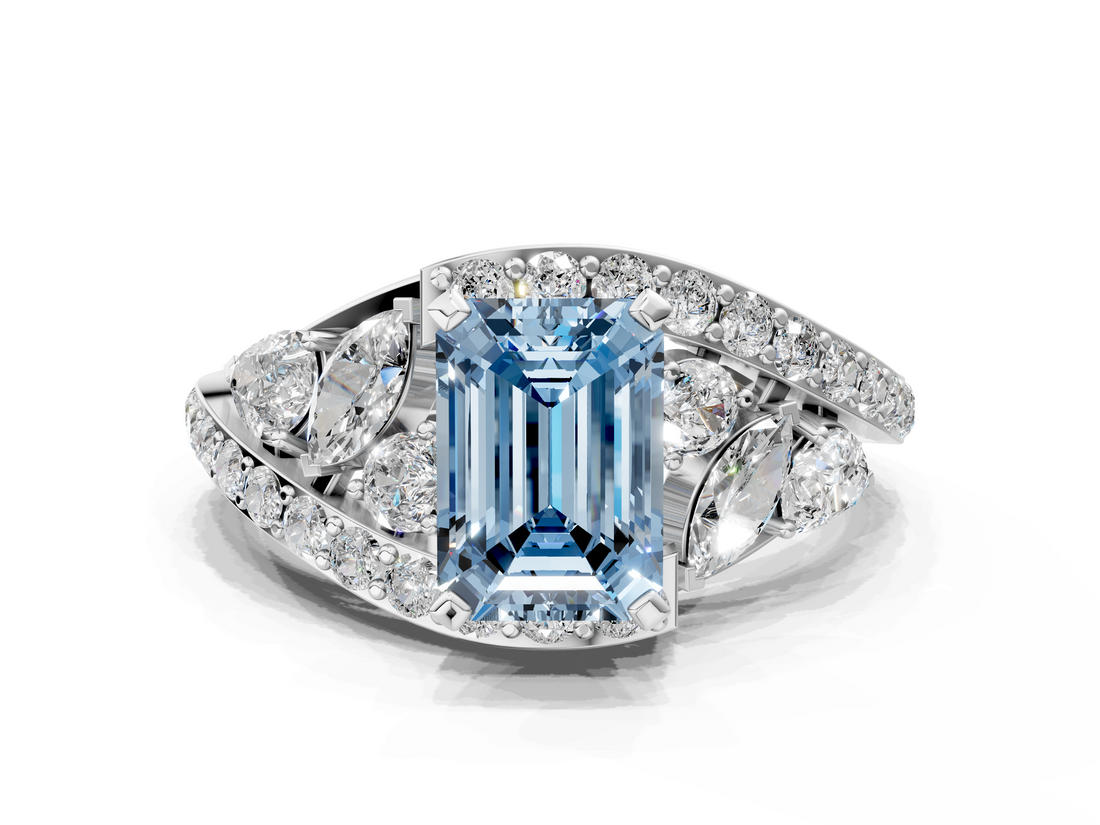 White gold Fancy Blue Emerald  Diamond Halo Ring with Marquise and Pavé Band in Prong Setting_73