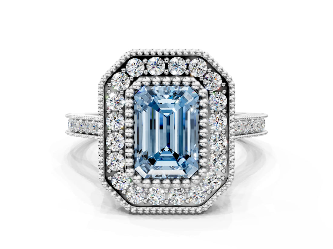 White gold Fancy Blue Emerald  Diamond Halo Ring with Milgrain Frame and Pavé Band_71