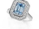 White gold Fancy Blue Emerald  Diamond Halo Ring with Milgrain Frame and Pavé Band_73