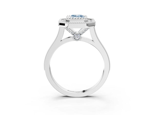 Platinum Fancy Blue Emerald  Diamond Halo Ring with Milgrain Frame and Pavé Band
