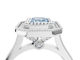 White gold Fancy Blue Emerald  Diamond Halo Ring with Milgrain Frame and Pavé Band_76
