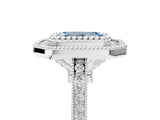 White gold Fancy Blue Emerald  Diamond Halo Ring with Milgrain Frame and Pavé Band_77