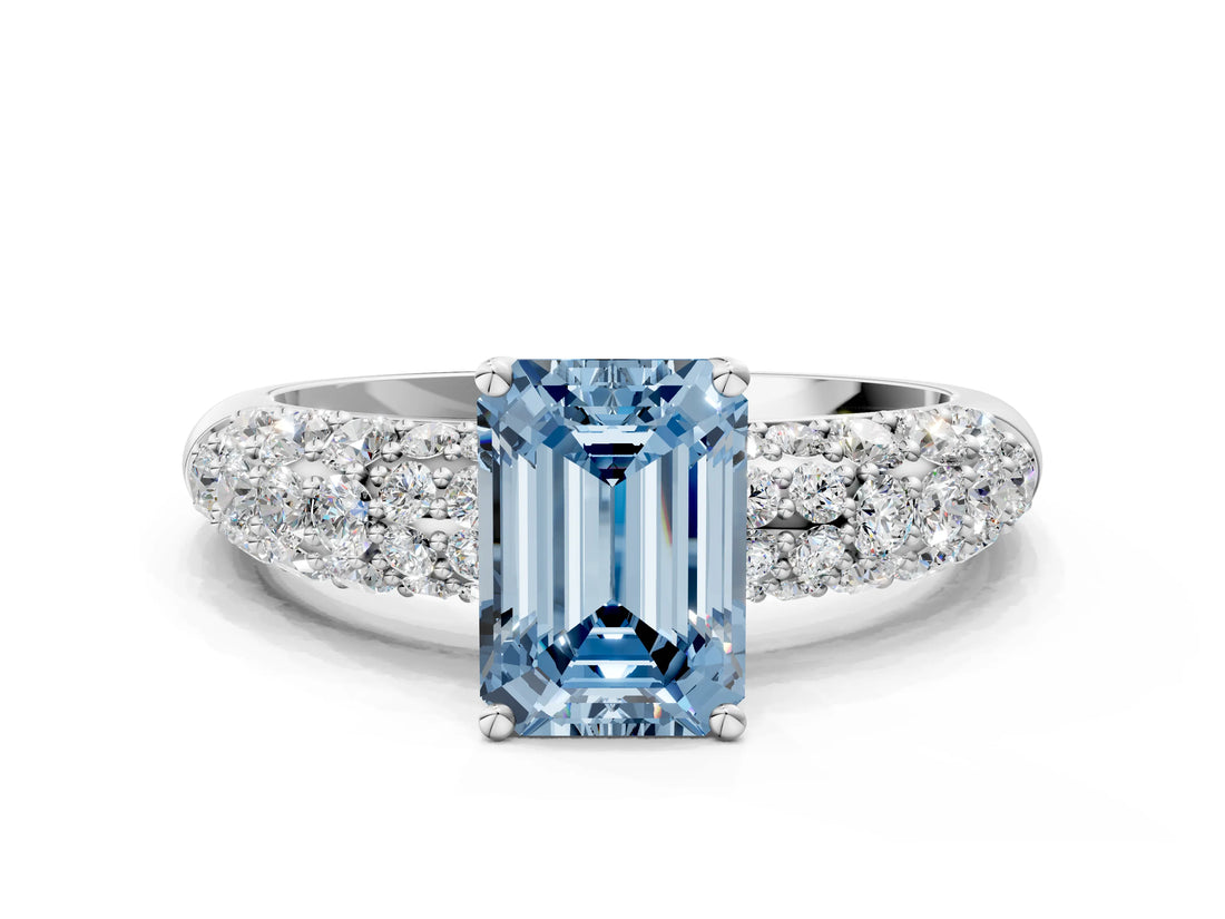 White gold Fancy Blue Emerald  Diamond Pavé Band Solitaire Ring with Four-Prong Setting_49